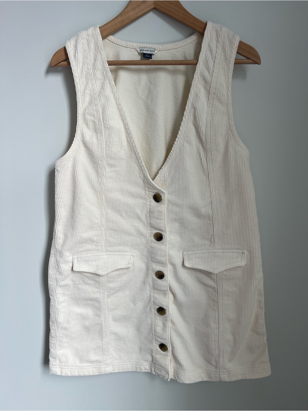American Eagle Outfitters | Cream Corduroy Button-Front Vest Dress Size M